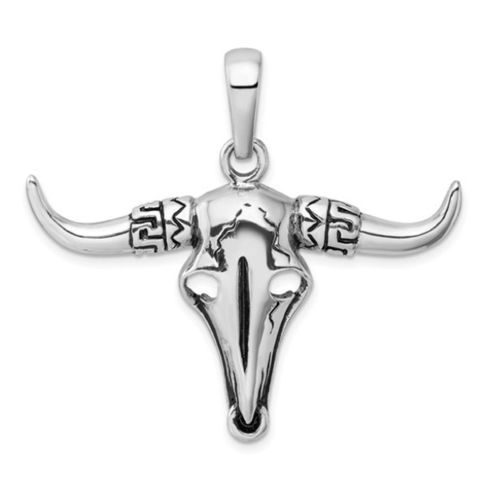 Sterling Silver Rhodium-plated Antiqued Bull Skull Pendant